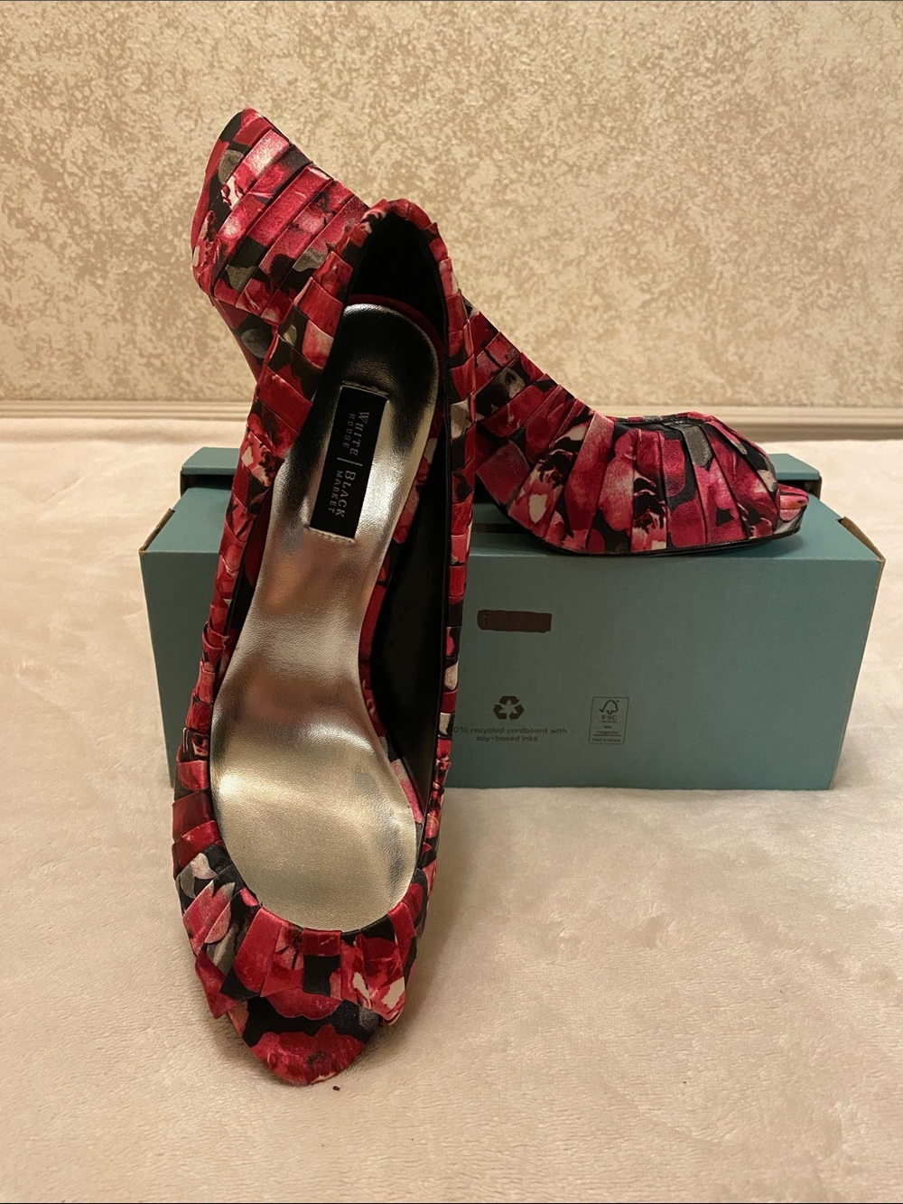 White House Black Market Floral Pleated Peep Toe Heels